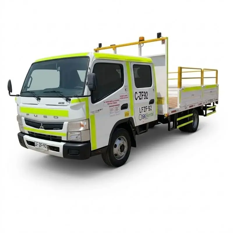 Arriendo de Camión Plano doble cabina 4 Ton. Mitsubishi FUSO modelo Canter 715 Euro V en SK Rental con cobertura nacional.